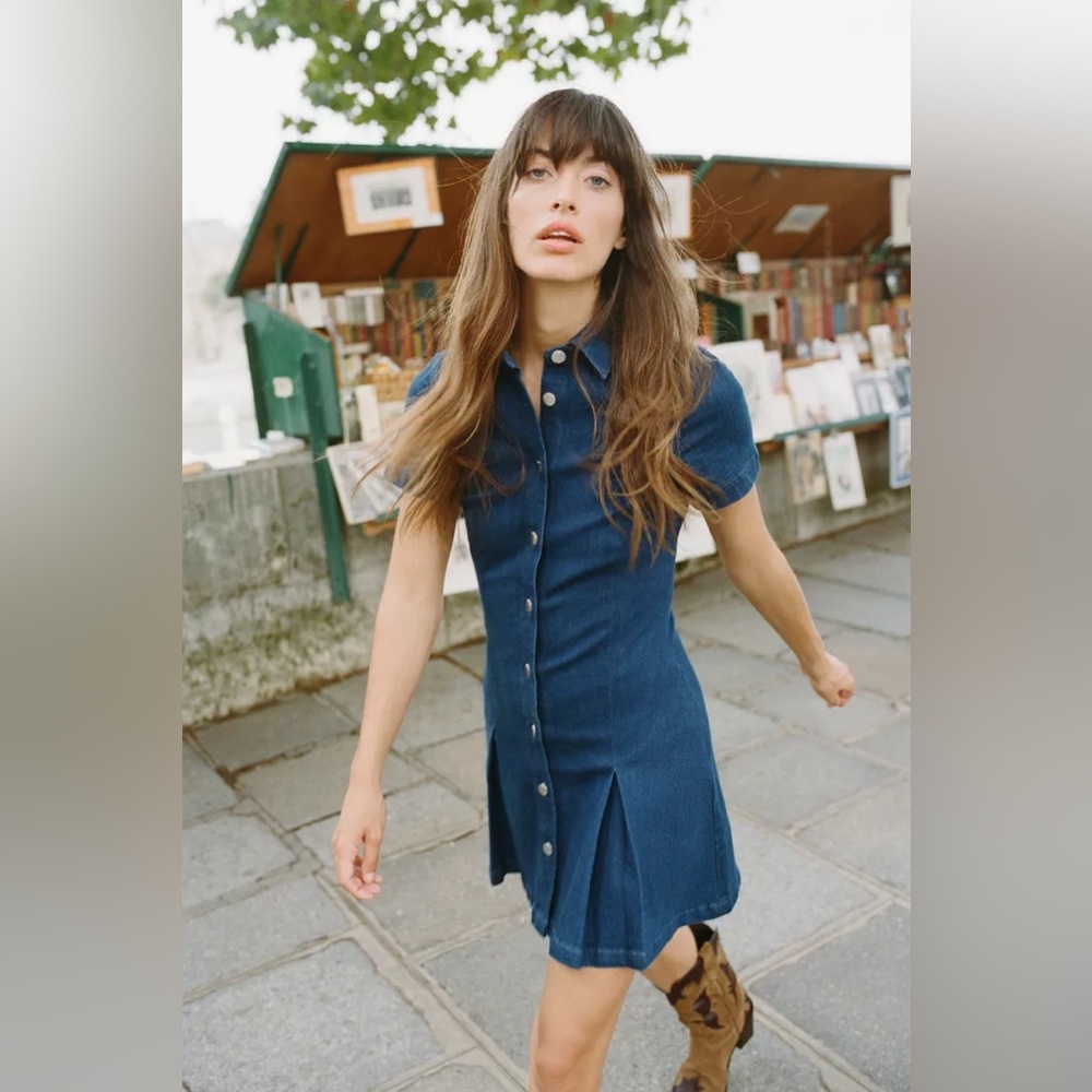 NEW ZARA PLEATED DENIM MINI DRESS BLUE XS